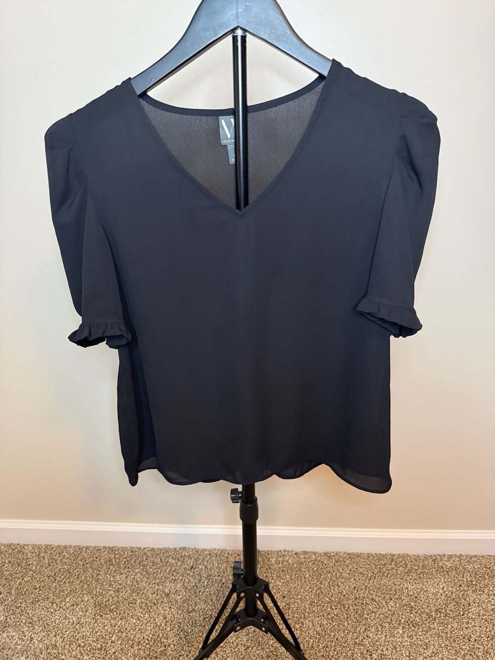 Worthington Black V-Neck Puff Sleeve Blouse Size PS